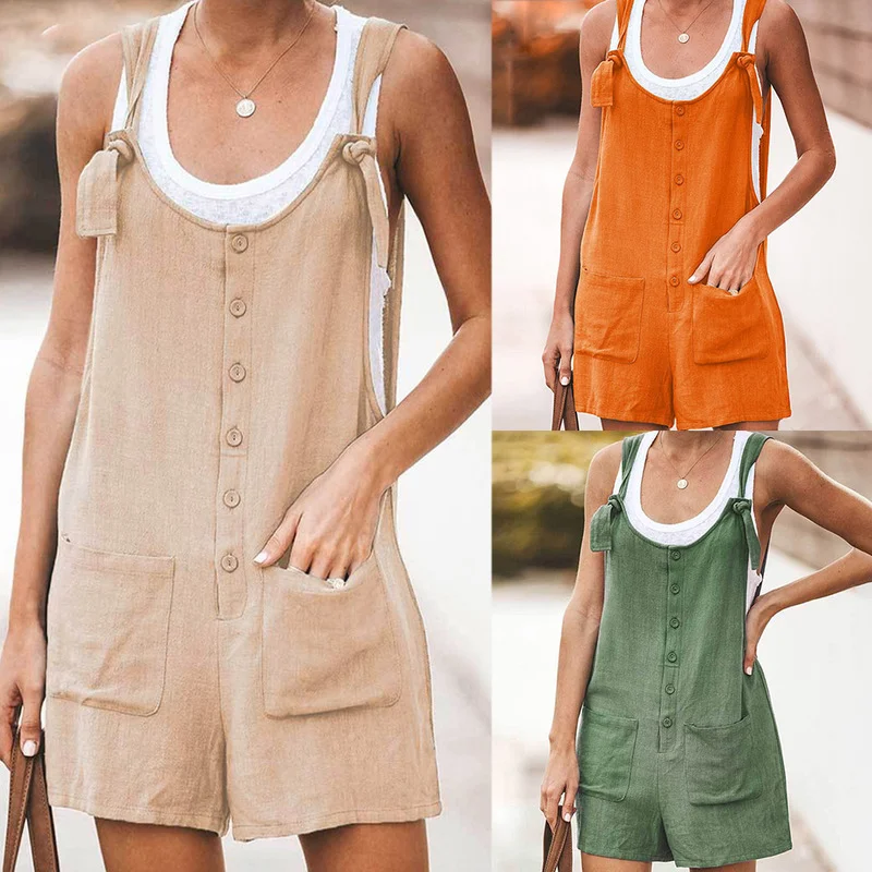 

Breasted Womens Pant Suspenders Holiday Casual Mini Playsuit Ladies Jumpsuit Baggy Sleeveless Solid Color Linen Playsuit Pockets