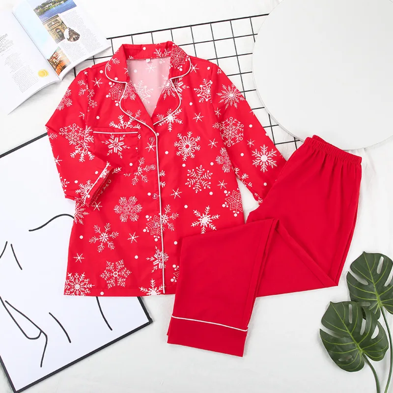 

Snow Pattern Cute Pajamas Set Women Print Sleepwear Winter Home Suit Pocket Warm Loungewear Two Piece Sets Female Sleepwear