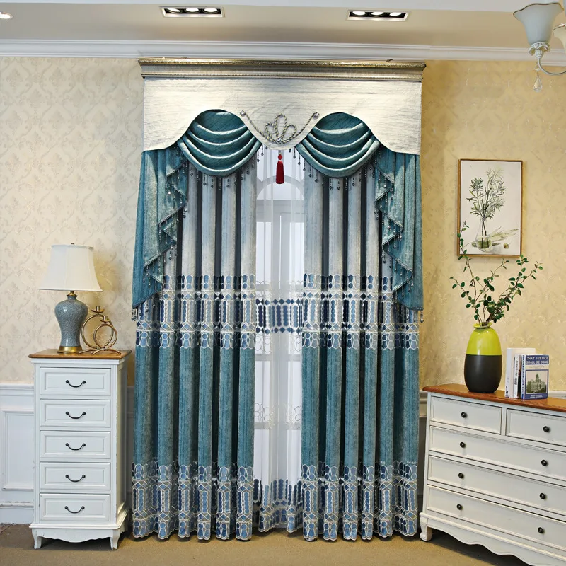 

Luxury Simple European Style Cashmere Embroidered Curtains for Living Room Bedroom Blue Blackout Curtain Valance Decoration