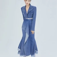 spring autumn women denim jacket short suit vintage denim dress fishtail skirt original design new stitching wrinkles dress 2021