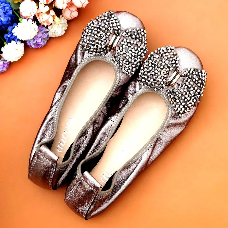 Fashion String Bead Women Shoes Slip On Flats Sweet Bow Autumn Female Cow Leather 2021 New Spring Ballet