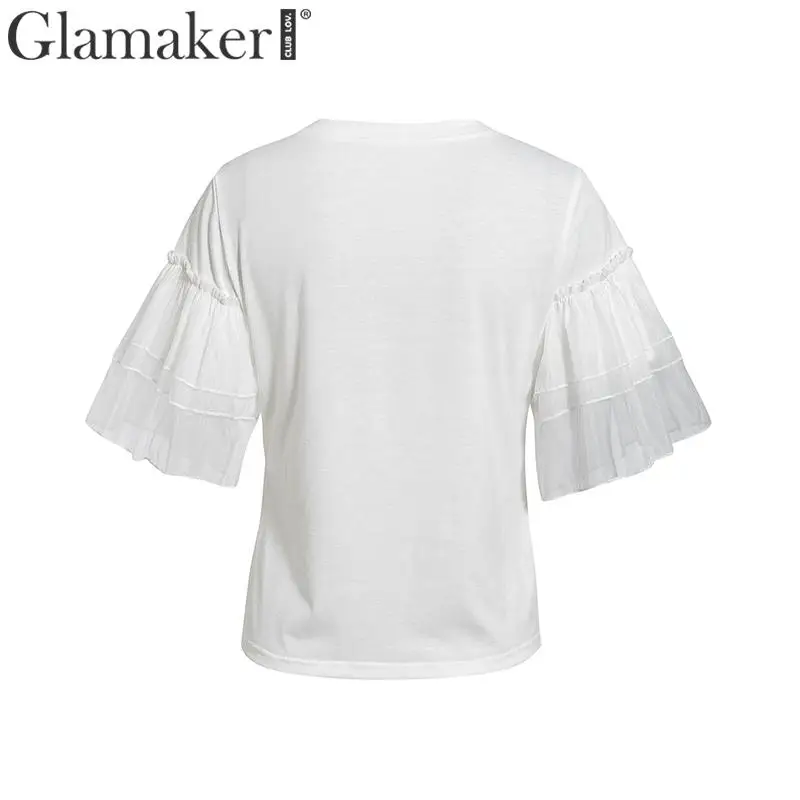 Glamaker, мультяшная, с рюшами, расклешенная, короткий рукав, белая футболка, женская, сетка, женская рубашка, летние топы и футболки, сексуальный топ, женский, с принтом губ