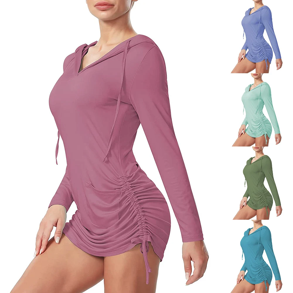 

Bodycon Women Mini Autumn Dress Long Sleeve Solid Color Hooded Hoodie Ladies Party V Neck Dress Fashion Casual Female Dress