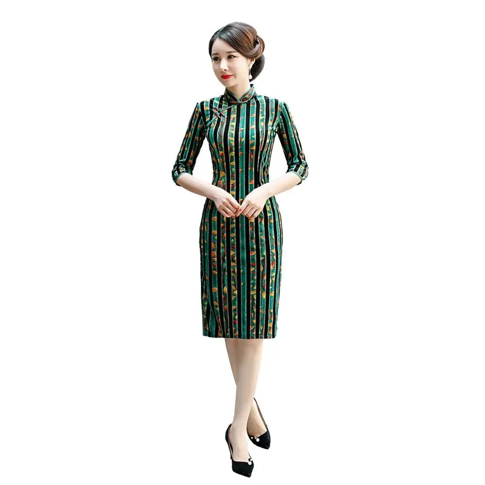 1726 Шанхай история велюр Cheongsam по колено китайское платье Ципао традиционное платье зеленый - Цвет: 1726