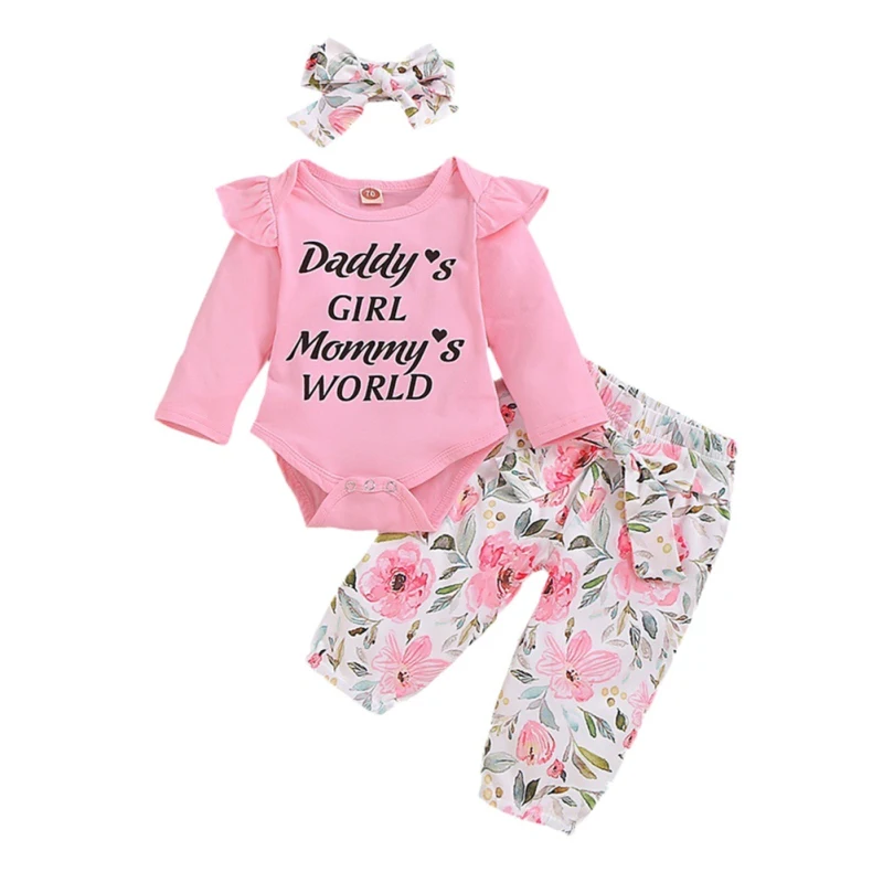 

3PCS Autumn Winter Kids Newborn Baby Girl Clothes Set Ruffles Long Sleeve Letter T-shirt Tops+Pants+Headband Outfits