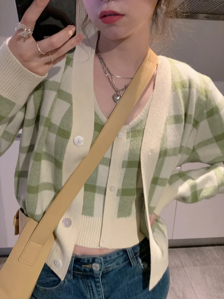 Миланский клетчатый вязаный жилет на бретельках в стиле преппи свитер кардиган