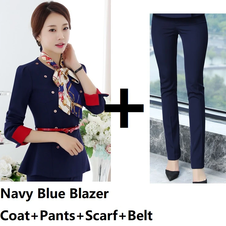 Blue Pantsuits Модные костюмы в едином стиле, брючные костюмы с пиджаком и штанами для женщин, женские брючные костюмы, блейзеры, комплекты с шарфом и поясом - Цвет: Blue Pantsuits
