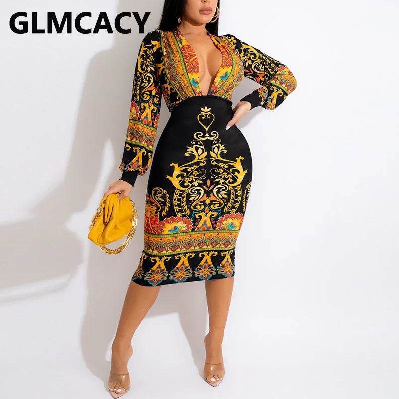 

Women Long Sleeve V Neck Vintage Printed Midi Dress Elegant Party Dress