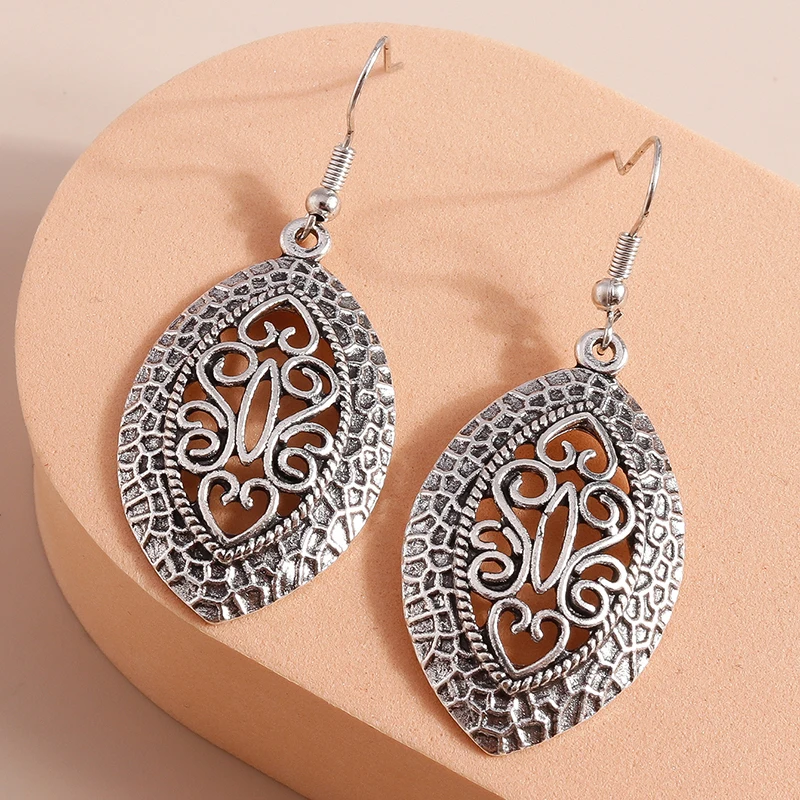 

New Arrival Bohemia Vintage Jewelry Tibetan Silver Carving Hollow Flower Retro Drop pendant Earring for Women