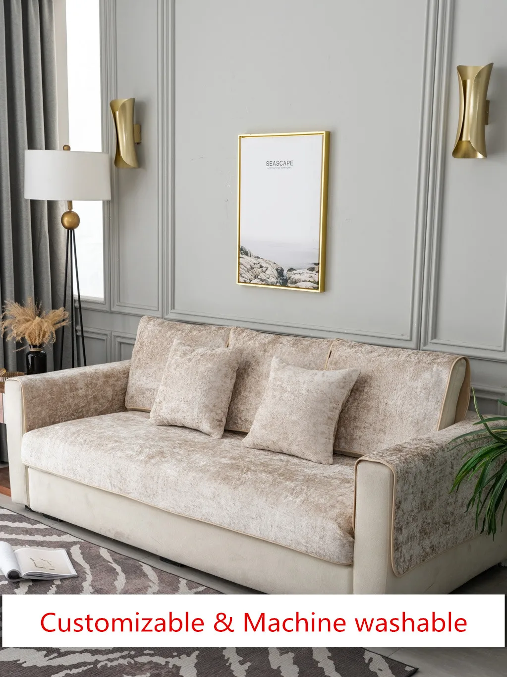 Кожаный чехол для дивана на заказ защитный подушки нескользящий с бежевым плюшем