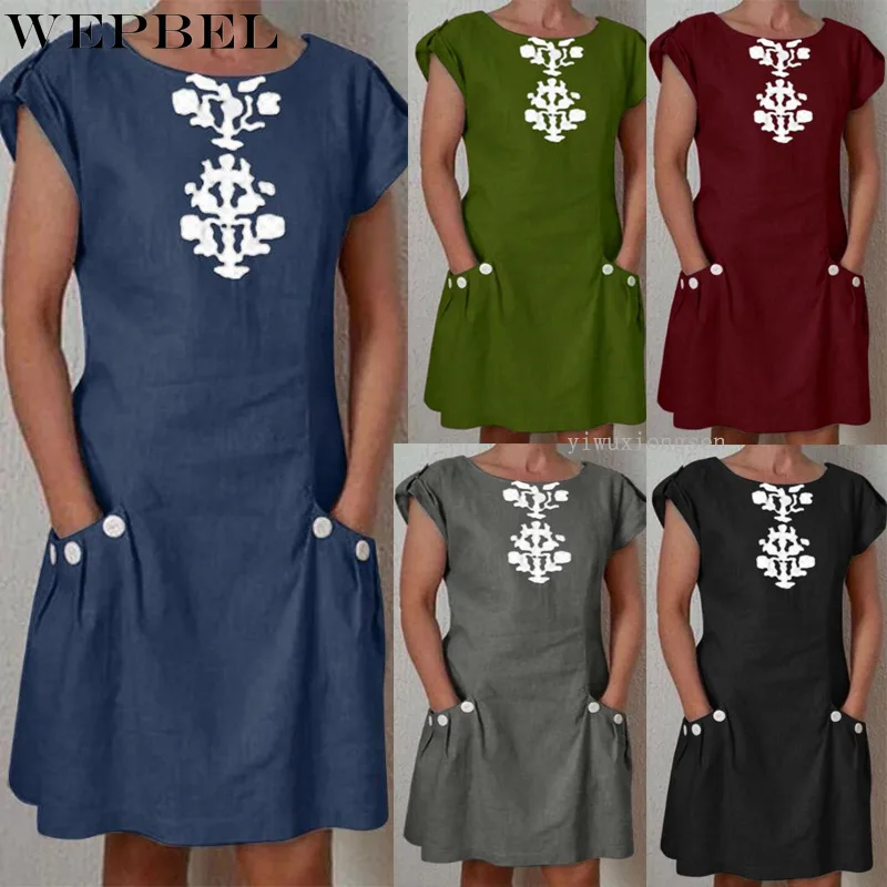 

WEPBEL Summer Casual Short Sleeve O-Neck Printed Dress Women's Fashion Pocket Solid Color Straight Mini Dress