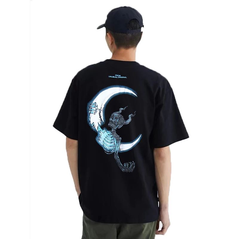 

Мужская хлопковая футболка с коротким рукавом, с молнией, черепом, луной, лето 2021