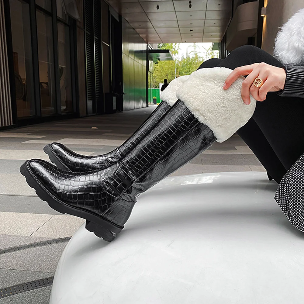

Womens Pointed Toe Crocodile Pattern Knee Thigh High Boots Real Lambswool Fur Metal Sheet Cut Out Chunky Heel Shoes New 2022