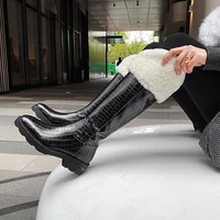 Womens Pointed Toe Crocodile Pattern Knee Thigh High Boots Real Lambswool Fur Metal Sheet Cut Out Chunky Heel Shoes New 2022