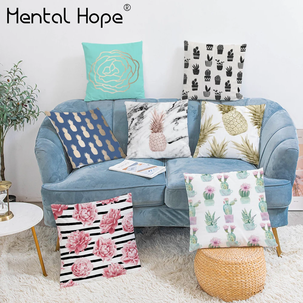 

Tropical Cactus Print Cushion Cover Gold Flower Plush Decorative Throw Pillow Cover Home Decor Pineapple Square Pillowcase