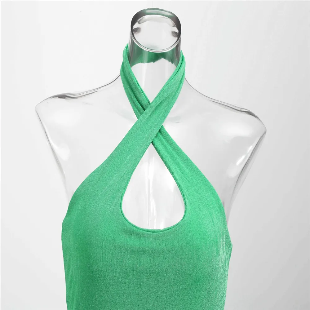 

Women Fashion Crisscross Neck-Mounted Party Bodycon Mini Dress Sexy Sleeveless Solid Color Backless Dress Blue Green