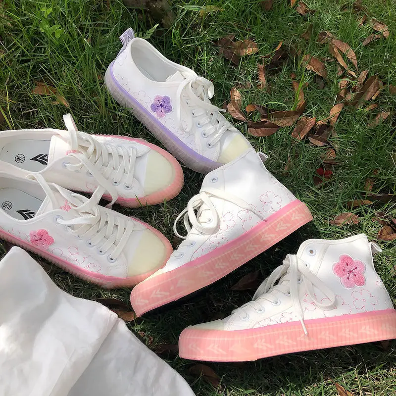 

Embroidery Women's Espadrilles Pink Flower Canvas Sneakers Fashion 2021 Summer Ladies Shoes Spring Kawaii White Footwear