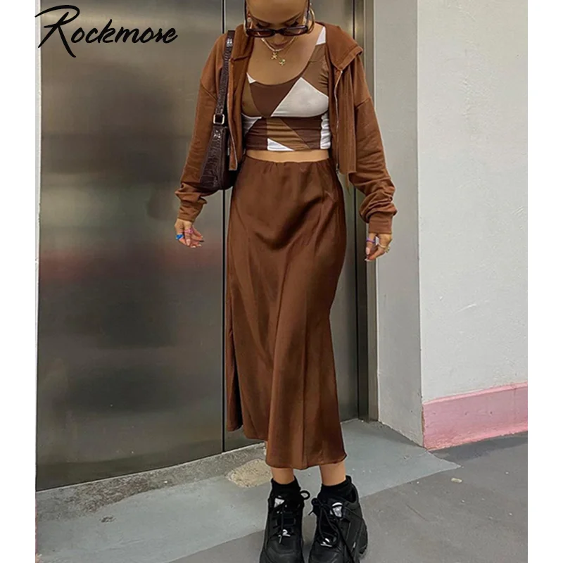 Винтажная атласная Женская юбка средней длины Rockmore коричневого цвета Y2K Kawaii Harajuku