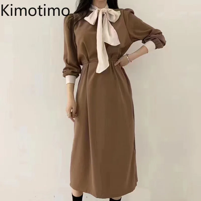 

Kimotimo Autumn Winter Elegant Dress Women Korean Chic Color Contrast Bow Belt Waist Puff Sleeve Solid Long-sleeved Dresses