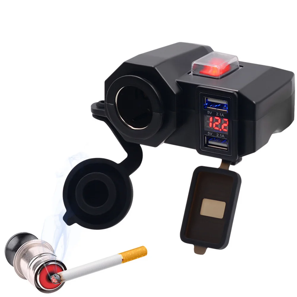 

USB Motorcycle Charger Waterproof Dual Ports Voltmeter Cigarette Lighter Power Socket Adaptor with Switch (Black)