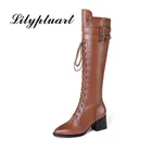 Женские сапоги до колена из натуральной кожи, на Высоком толстом каблуке