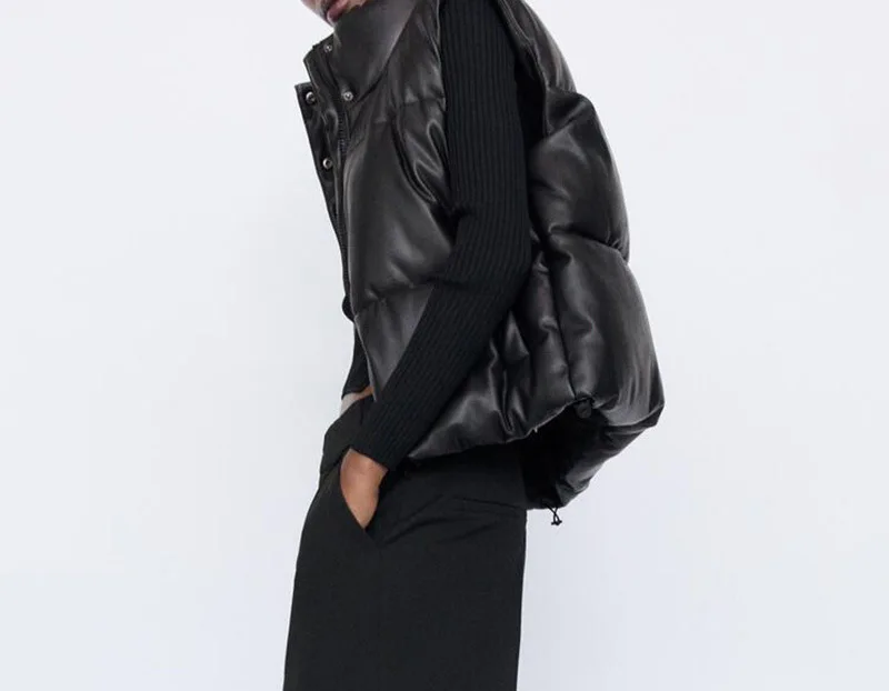 Зимние короткие женские жилеты 2021 черные модные пальто из искусственной кожи на