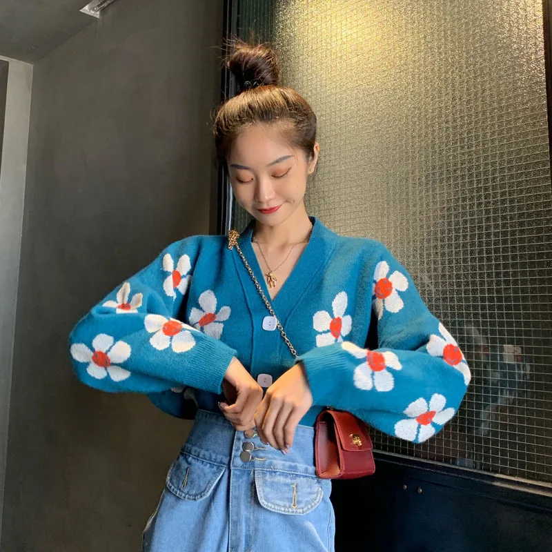 

Autumn Women Sweater Floral Knitted Loose Casual Korea Style Single Breasted V-Neck Sweet Chic Thick Warm Winter Knitwear C3193