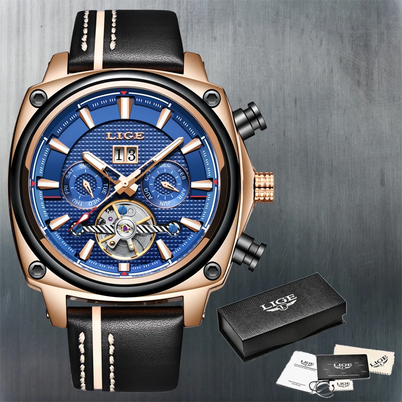 LIGE Брендовые Часы Мужские автоматические механические Tourbillon спортивные военные