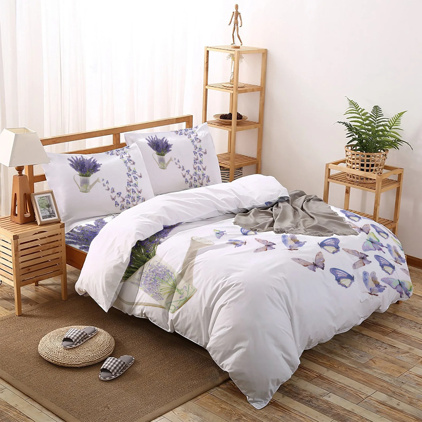 

Комплект постельного белья с рисунком фиолетового лаванды и бабочки, Комплект постельного белья с пододеяльником, королевская кровать, дом...