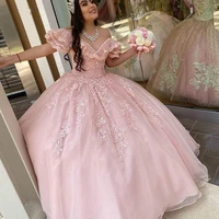 2022 quinceanera dresses pink tulle ball gown sexy v neck cap sleeve lace corset sweet 15 year girls dress for birthday party