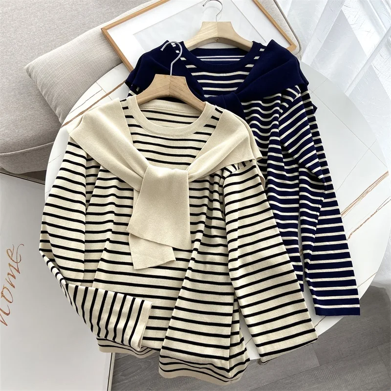 

ZXQJ Women 2021 Fashion Striped Loose Scarf Decoration Knitted Sweater Vintage Long Sleeve Female Pulllovers Chic Tops