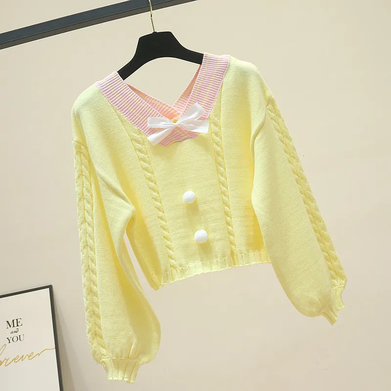 

Short sweater with skirt 2020 new dwarf waist closing style sweet and versatile open navel V-neck T-shirt