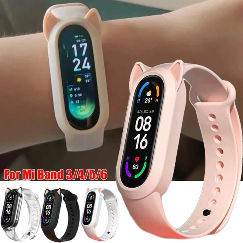 For Xiaomi Mi Band 3/4/5/6 Cat Earmuffs Case Silicone Strap Cute Cat Ears Bumper Sports Wrist Belt For Mi Band 3/4/5/6