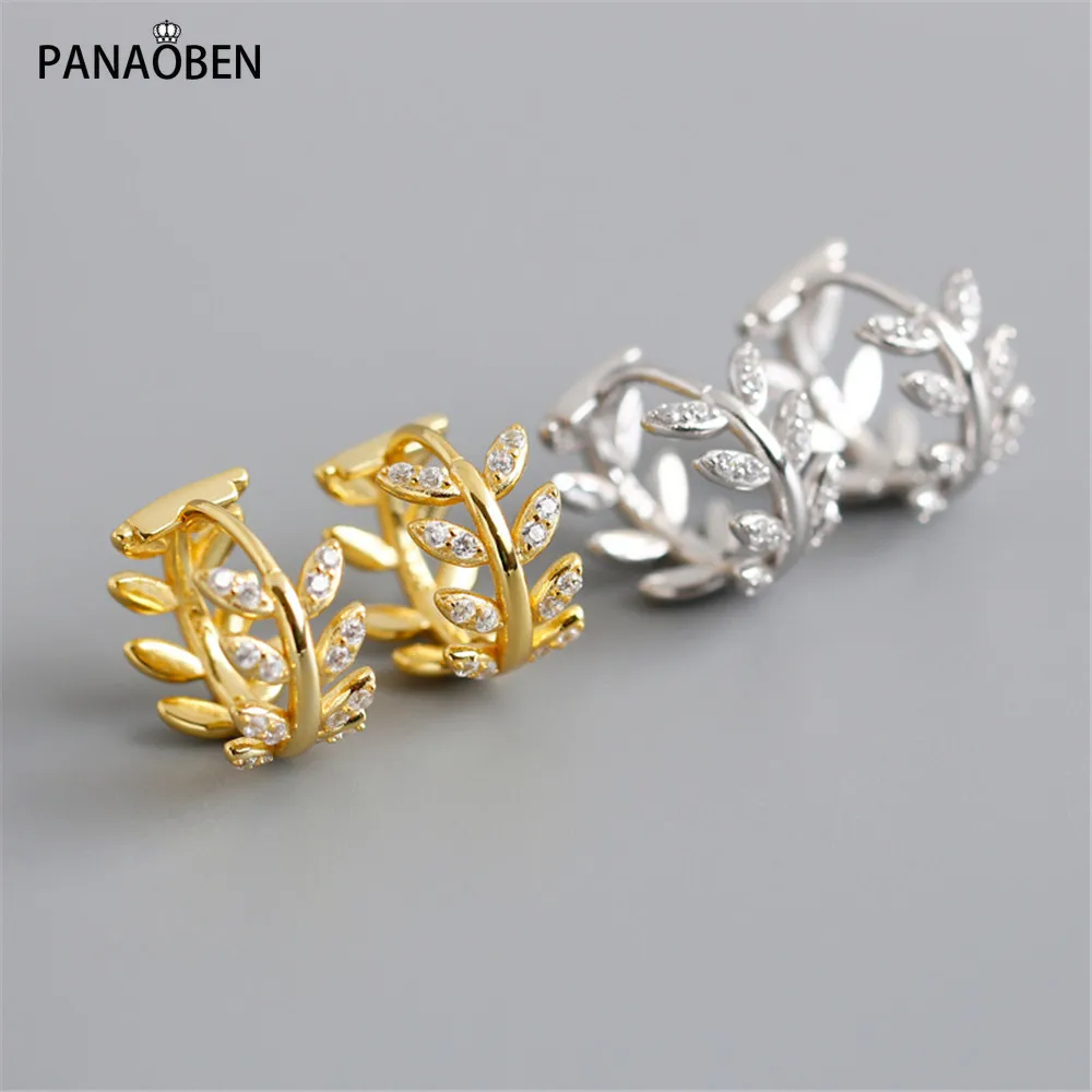 

PANAOBEN 925 Sterling Silver earrings for women Leaves Huggies Middle Hoops Loops Round Luxury Earring Piercing Crystal Jewelry