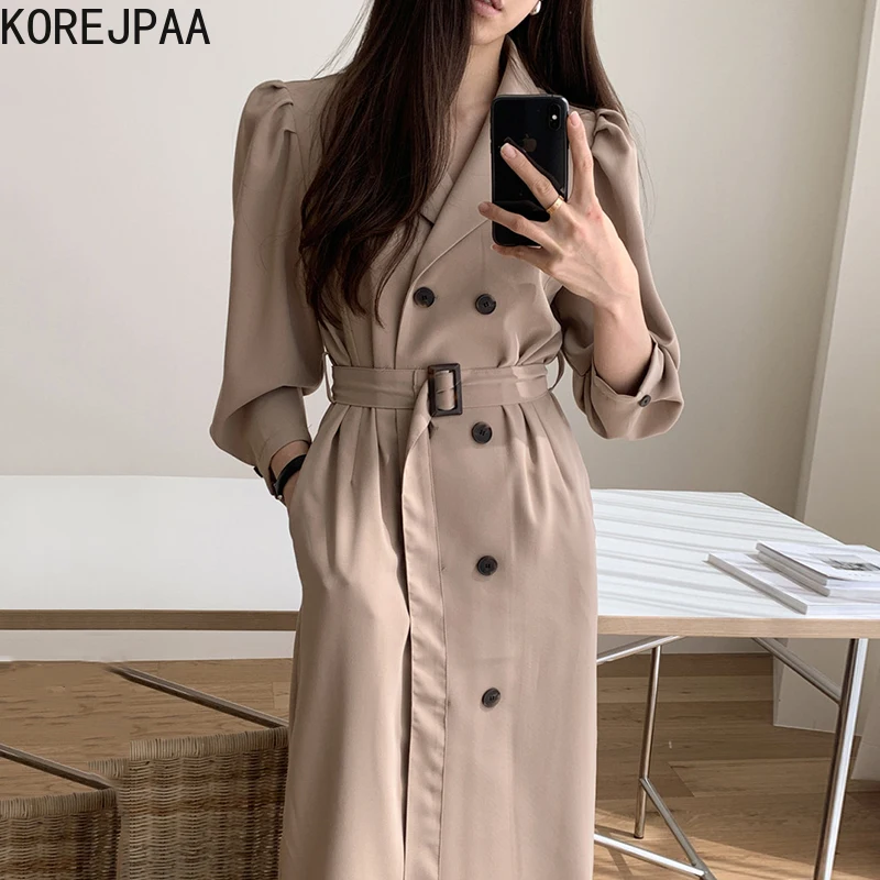 

Korejpaa Woman Dress 2021 Korean Fashion Chic Autumn Elegant Commute Suit Collar Double Breasted Loose Long Vestidos with Girdle
