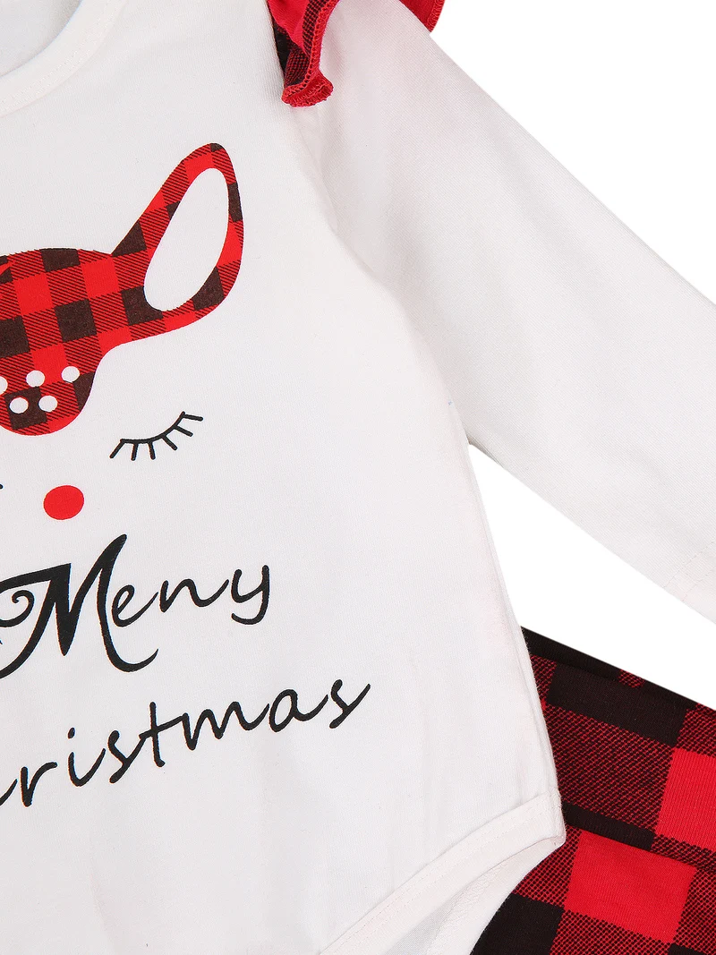 

Pudcoco 3 Piece Bodysuit Pants Bow Headband Suit Christmas Costumes Letter Plaid Printed Ruffles Decorated Sets