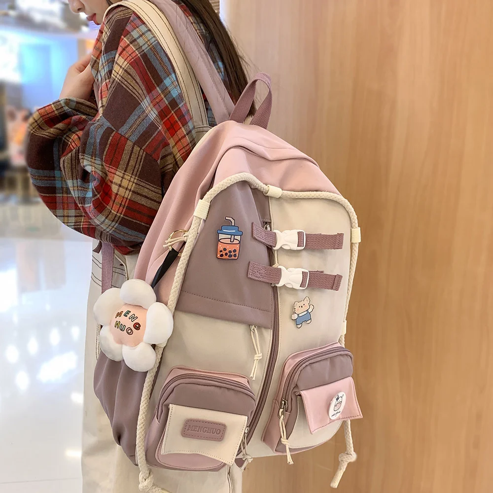 

Student Nylon Kawaii Backpack Women Harajuku Waterproof Bag School Pin Badge Backpack Lady Cute Girl Book Female Bag Fashion New