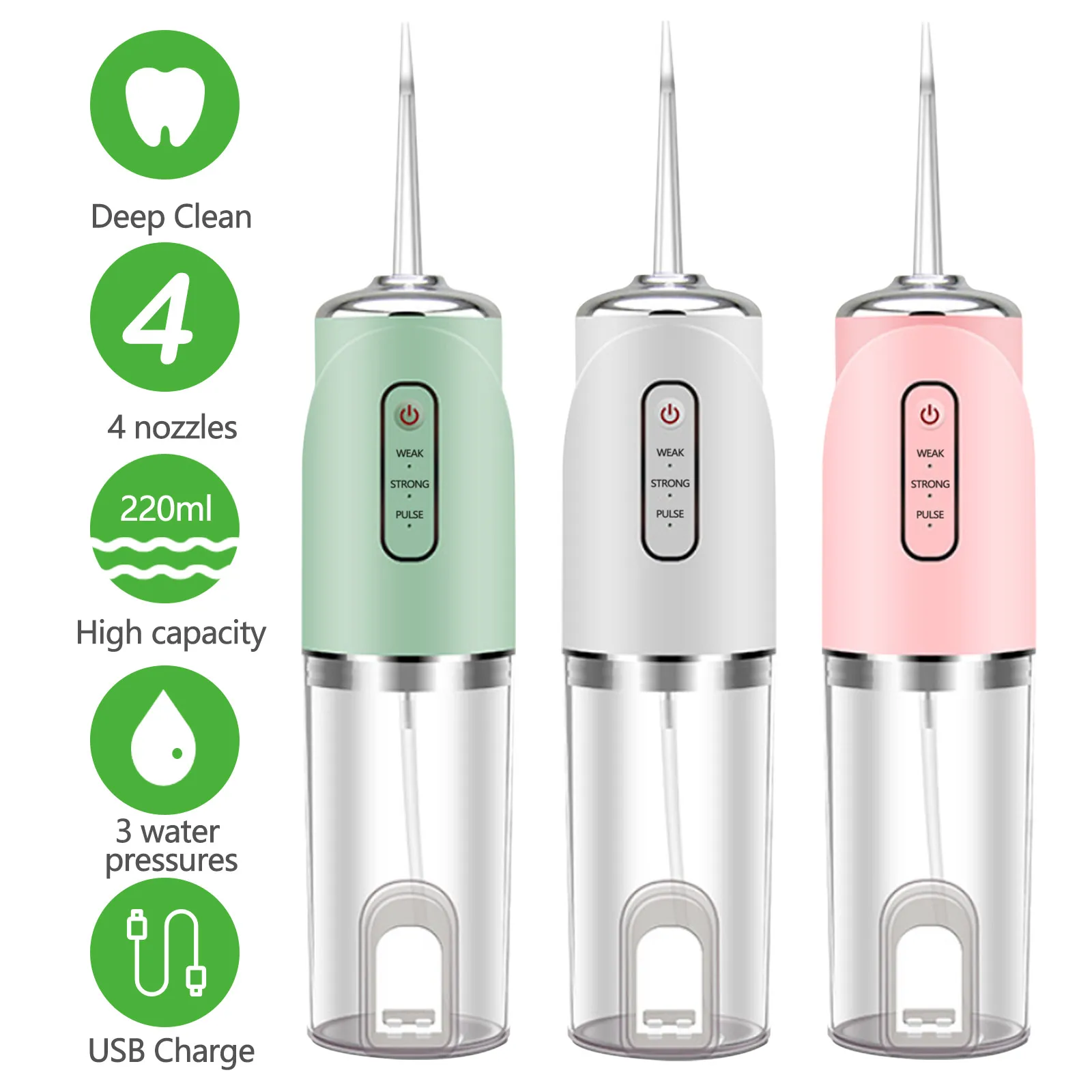 

Portable Water Flosser Electric Rechargeable Oral Irrigator Waterproof Tooth Cleaner with 220ml Water Tank 4 Nozzles 3 Modes
