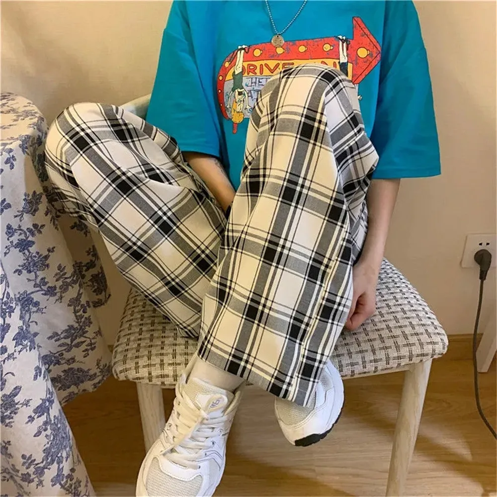 

Oversized 4xl Bf Plaid Pants Women Autumn Fashion 2021 Pink High Waist Pants Casual Loose All-Match Trousers Hip Hop Harem Pants