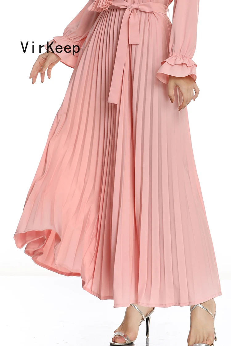 

2021 spring women chiffon solid pleated swing dress ruffle full sleeve fashion dubai muslim abaya ramadan kaftan robe VKDR2478