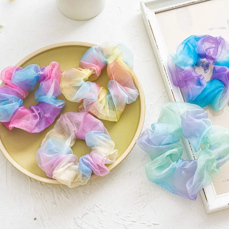 

Bright Color Silk Scrunchie Set Women Elastic Hair Bands Tie dye Scrunchy Hair Ties Rope Chouchou Vintage Accessory