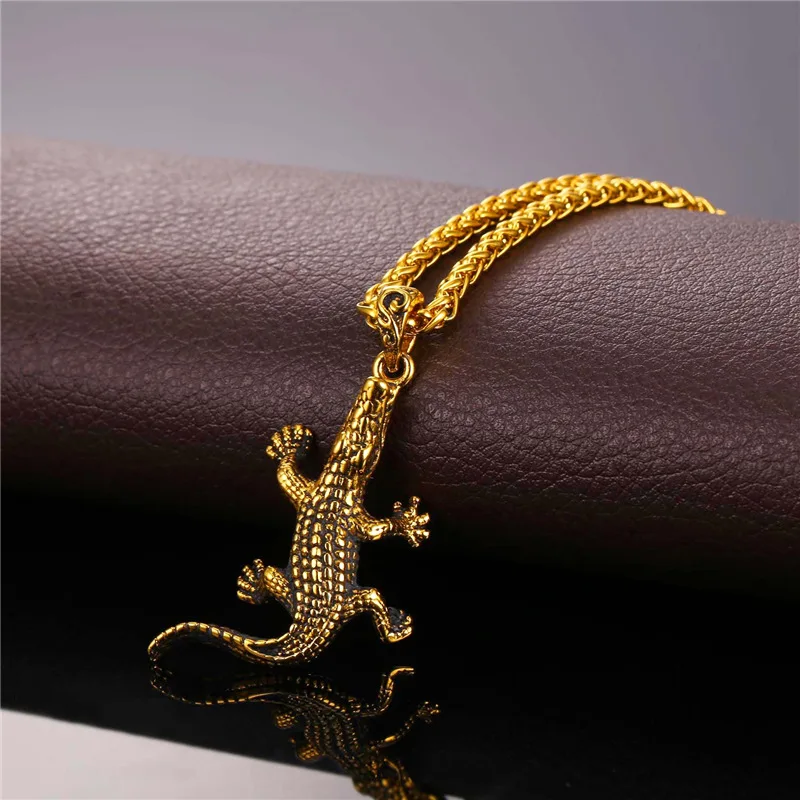 Collare Crocodile Retro Pendant Gold Color Stainless Steel Animal Necklace Women Wholesale Hippie Alligator Men Jewelry P138 | Украшения и