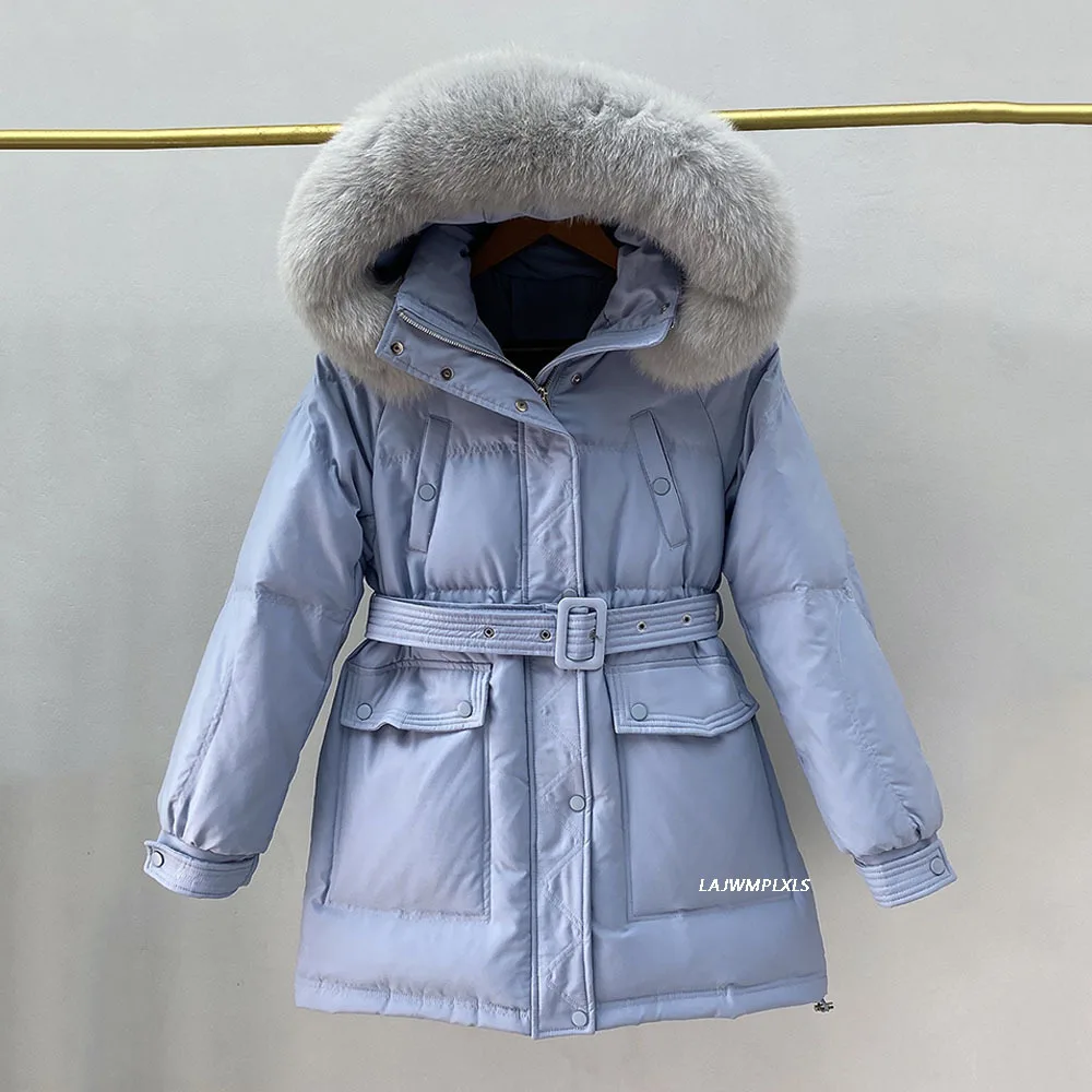 

New Winter Women Thick Warm Large Real Fur Hooded Down Jacket 90% White Duck Down Coat Waist Retractable Parker Overcoat