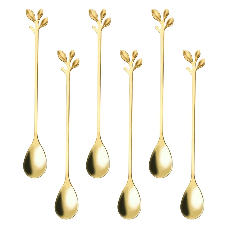 

6pcs/set Sen Creative Leaf Spoon Leaf Fork Spoon Stirring Coffee Spoon Fruit Fork-long Handle Leaf Spoons Golden 16.5x2.2cm