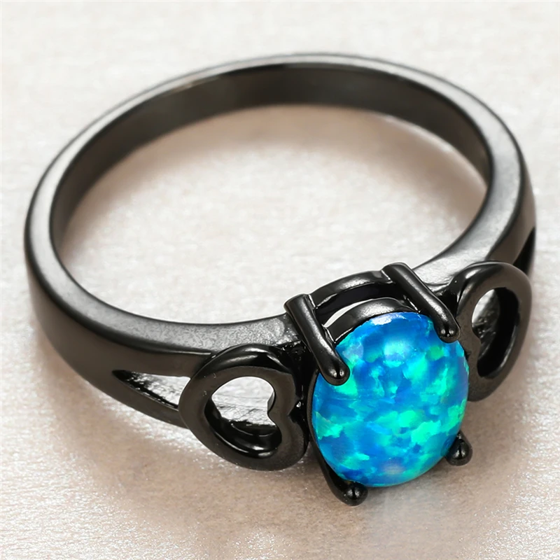 

Punk Female Blue Opal Stone Ring Charm 14KT Black Gold Heart Wedding Rings For Women Luxury Bride Oval Engagement Ring