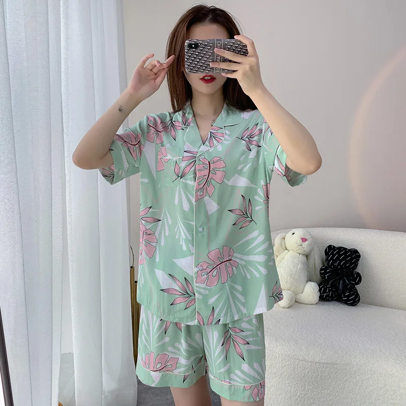 Women Pajamas Suit Short Sleeve Trousers Pants Shirt Set Pijamas Summer New Fashion Cute Flowers Lady Soft Comfortable Homewear