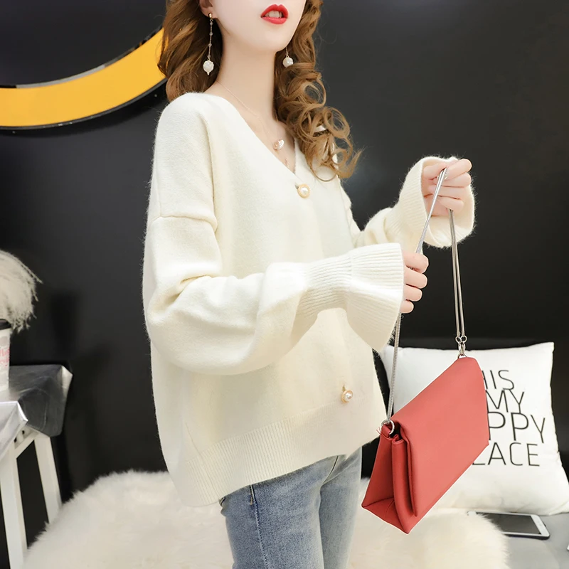 Knit Sweater Women Flare Long Sleeve Korean Sweaters Cardigans Solid Outwear V Neck Autumn Winter Sueter Mujer |
