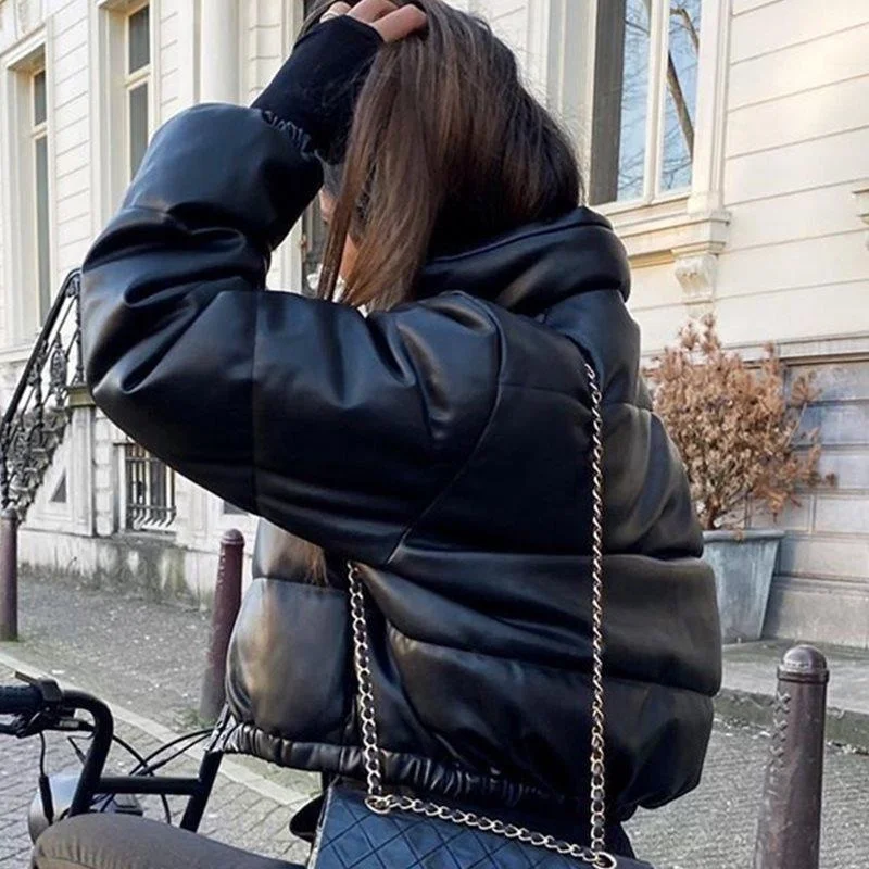 

Thickened cotton jacket with stand collar Baseball Jacket Women's short size loose PU leather jacket cotton padded bread jacket
