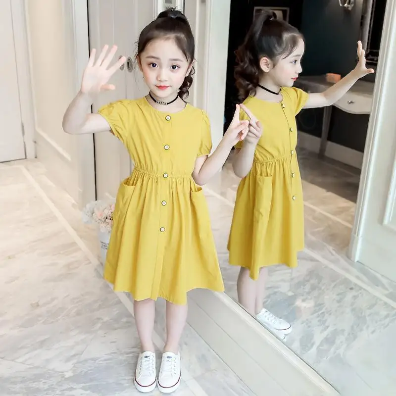 

Baby Girl Summer Short Sleeves Casual Dress 2022 New Fashion Kids Clothes Princess Dresses Plus Size Solid Single Row Button