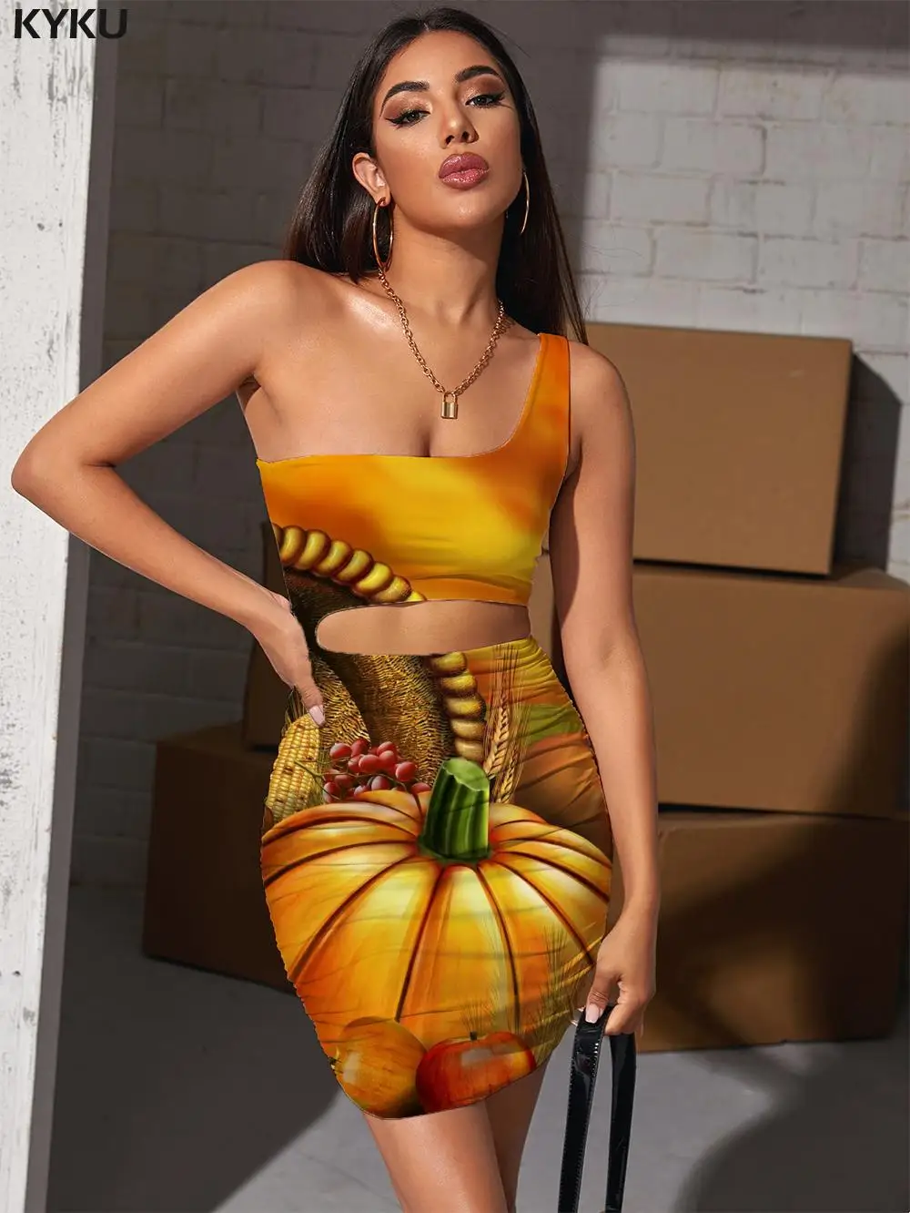 

KYKU Pumpkin Dress Women Halloween Halter Sleeveless Food Pleating Landscape Hollow out Dresses Womens Clothing Mini Evening